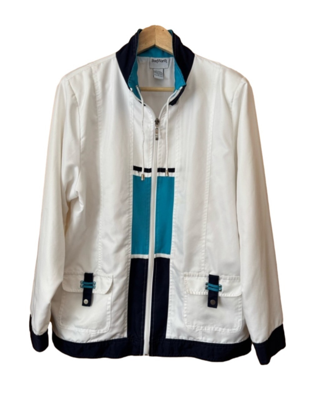 Vintage BonWorth White Navy Teal Zip Front Jacket Women's Medium